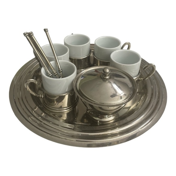 VINTAGE 17 PC. GOLD/SILVER DEMITASSE ESPRESSO SET TRAY, PORCELAIN CUPS & SPOONS - Picture 5 of 15